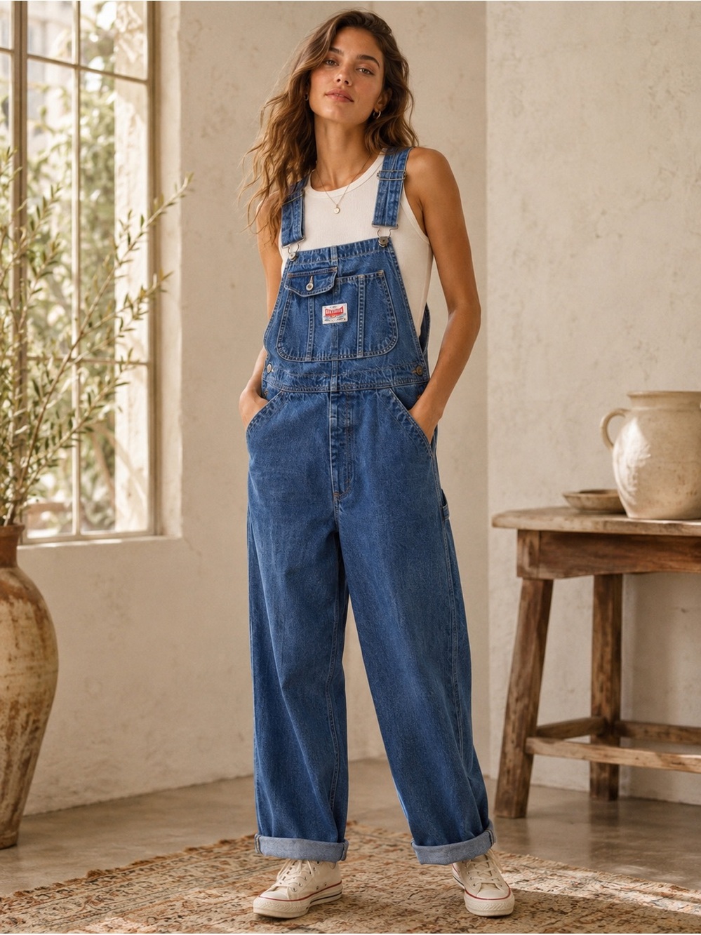 IKEDA Blue Denim Overalls Adjustable Strap Tapered Leg Utility